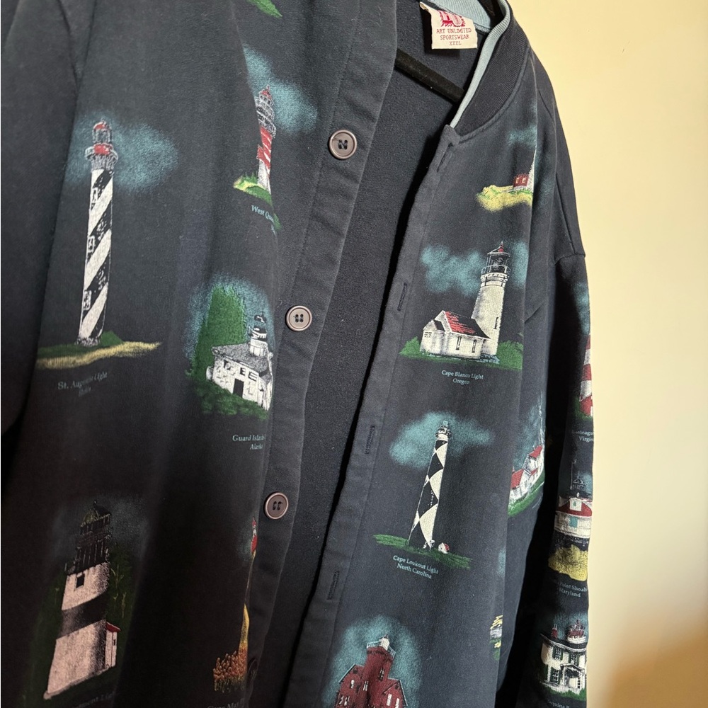SOLD — Vintage Navy Lighthouse Print Lightweight button up
